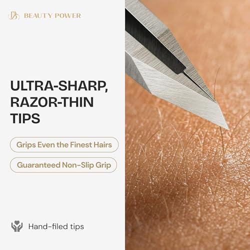 Professional Tweezers in Case - Slant, Durable Lightweight German Stainless Steel, Ultra Precision Tweezers for Eyebrows, Facial Hair, Chin, and Ingrown Hair Removal - Gift Idea - Gray