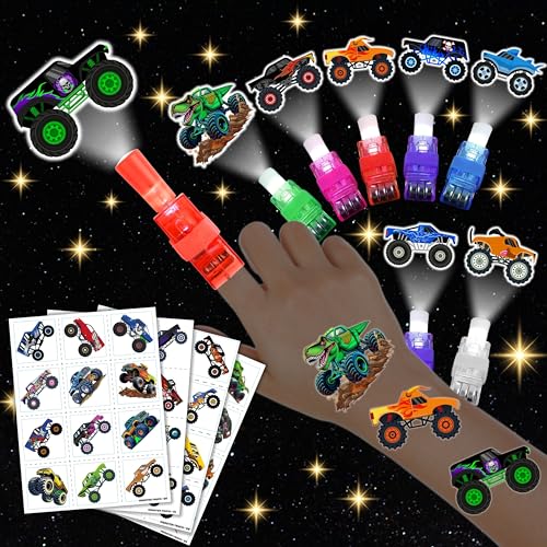 72 PCS Monster Truck Party Favors ? 48 PCS Luminous Tattoos & 24 PCS LED Finger Lights Combo ? Birthday Goodie Bag Fillers, Party Supplies, Gifts Light Up Toys Glow In The Dark for Boys and Girls