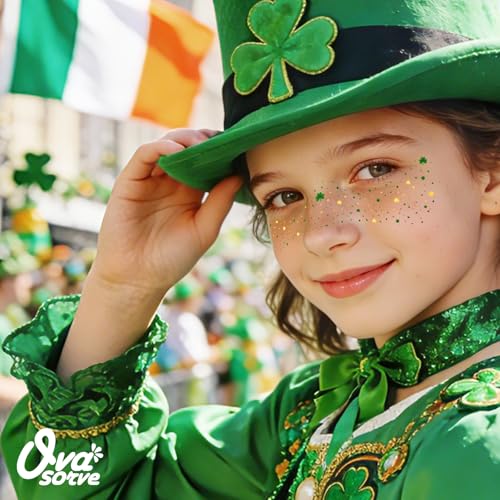 St Patricks Day Accessories Metallic Gold & Green Shamrock Freckles Temporary Tattoos - Shimmer Foil Clover Face Stickers for Women Girls, Waterproof Sparkle Irish Party Makeup (8 Sheets)
