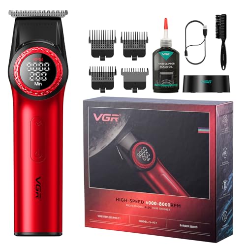 VGR 977 Professional Hair Trimmer Hair Clippers for Men, 8000rpm T-Blade Trimmer Zero Gapped Cordless Barber Clippers, Rechargeable Edgers Clippers with LED Display(Red)