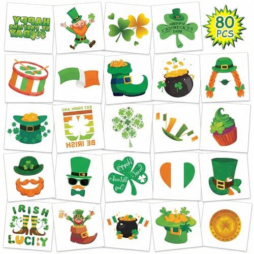 80 Pcs St Patricks Day Tattoos for Kids and Adults, 40 Designs Shamrock Temporary Tattoos Face Stickers, Waterproof Irish Party Favors Accessories, Green Clover Leprechaun Body Art Decor