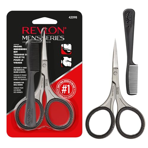 Revlon Men's Beard Grooming Kit, Mustache Trimming Scissors and Facial Hair Comb, Travel Essentials, Stainless Steel Blade, 1 pack