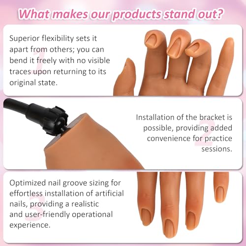 Practice Hand for Acrylic Nails,Silicone Fake Hand for Nail Practice with Adjustable Bracket, Flexible Nail Mannequin Hand for DIY Nails Art Beginners/Nail Salon Artists