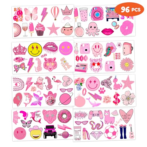 96 PCS Pink Preppy Bachelorette Princess Temporary Tattoos Theme Birthday Party Decorations Supplies Favors Decor Cute Girl Pastel Face Tattoo Stickers Gifts for Kids Girls Boys School Prizes Carnival