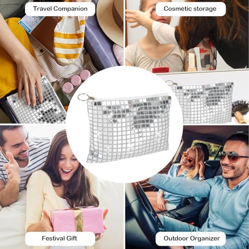 10 Pcs Disco Cosmetic Bags for Women 7.8 x 6.6 Inch Disco Makeup Bags Bachelorette Party Favors Bag Silver Sequins Makeup Bag Purse with Zipper for Bridal New Years Eve 70s 80s 90s Party Decorations