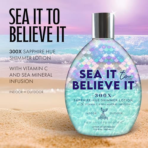 Tan Inc Sea It To Believe It Tanning Lotion, 300X Sapphire Hue Anti-Orange Shimmer with Vitamin C, Sea Minerals & Carrot Oil, 13.5 Fl Oz