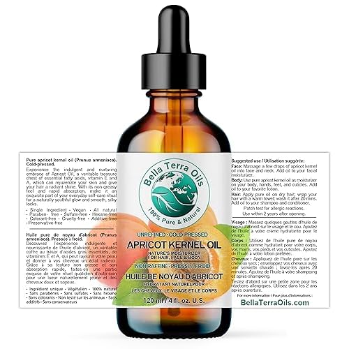 Bella Terra Oils - Organic Apricot Kernel Oil 4 oz - Pure Organic Apricot Essence, Abundant in Linoleic & Oleic Acid, A Luxurious Carrier Oil for Essential Oils
