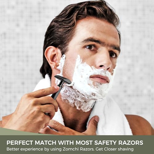Zomchi 100 Counts Double Edge Razor Blades 2.0 with Premium Metal Razor with Stand