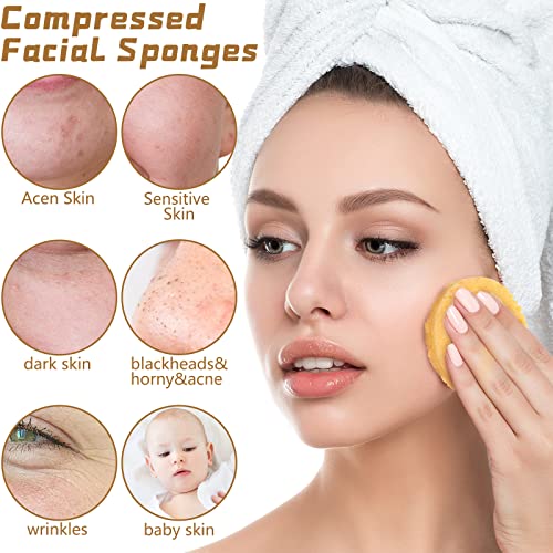Skyley Esthetician Supplies 4 Pack Facial Headbands Esthetician Makeup Head Wrap 30 Pieces Compressed Facial Sponges, 4 Pieces Face Mask Fan Brushes(Yellow, White, Orange)