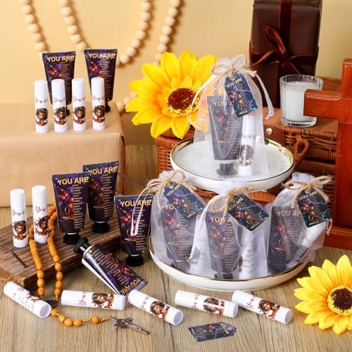 24 Sets Christian Hand Cream and Lip Balm Gift Set Christian Gift for Women Travel Size Hand Lotion Bible Verse Lip Balm Bulk for Baby Bridal Shower Mom Black History Month(African American)