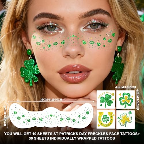 Cerlaza St Patricks Day Accessories, 40 Pcs St Patty's Day Glitter Gold Green Freckles Temporary Tattoos Shamrock Face Stickers, Saint Patricks Party Decorations Outfit Accessories for Women Kids