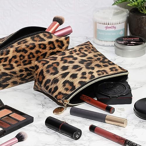 Glamlily Small Leopard Print Faux Leather Makeup Bag (8 x 3 x 5 in, 2-Pack)