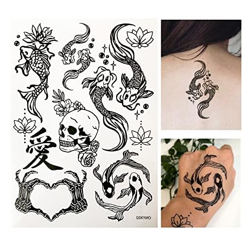 Temporary Tattoo for Adult Women - 3 Sheets - Black Big Moth Snakes Lotus Beetle Scorpion Dragonfly Bee Insect Koi Fish Skulls Love Kanji Sleeve Words Adults Tattoos