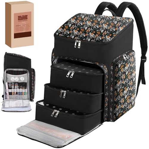 Floral Pattern Nail Polish Storage Backpack, Large Capacity Organizer Case with Multiple Compartments, Black