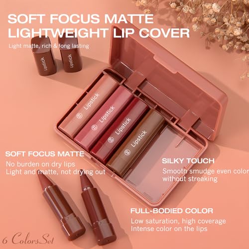 Brown Lip Liner Set 6 Colors 2 in 1 Gradient Lip Liner and Lipstick Combo Long lasting Dark Brown Red Creamy Lip Pencil Contour Matte Lipstick for Women Smooth High Pigmented Crayon Cone Tip