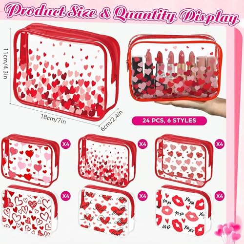 12 Pcs Valentine's Day Makeup Bags Heart Cosmetics Bag PVC Clear Portable Goodie Bags Organizer 7 x 4.3 x 2.4 '' Travel Zippered Toiletry Carry Pouch for Valentine¡®S Day Women Gift