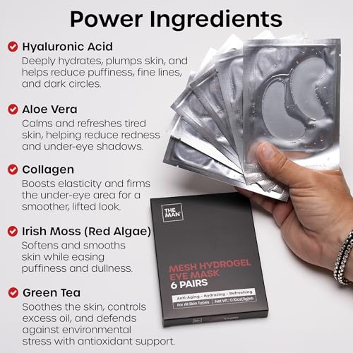 The Man Mesh Hydrogel Under Eye Patches for Men - Cooling, Hydrating & Firming Eye Masks for Dark Circles & Puffiness - Men's Anti-Aging Patches with Hyaluronic Acid, Collagen & Vitamin E. (12 Pairs)