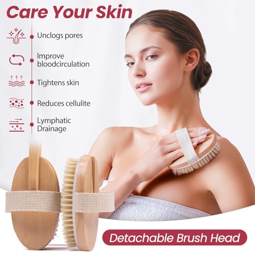 Wood Bath Brush,Long Handle Body Back Scrubber with Soft and Natural Bristles Antiskid Shower Brush Set for Bathroom Wet or Dry Exfoliating (6 Pack) (19.3''Long Handle)