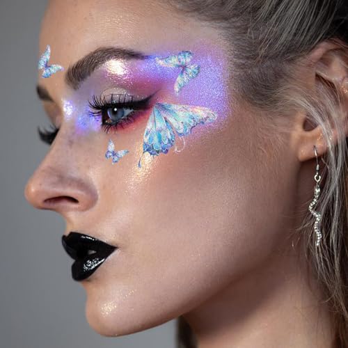 20 Sheets Glitter Fairy Makeup Tattoo Kit, Fairy Face Gems Accessories for Women Butterfly Face Temporary Tattoos Stickers for Eyes Princess Rave Party Favors Gifts