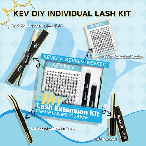 KevKev Lash Clusters Kit 144Pcs Ultra Soft Eyelash Extension Kit with Lash Bond and Seal Lash Glue Lash Remover for Cluster Eyelash Extensions (Volcano, D-8-16mix)