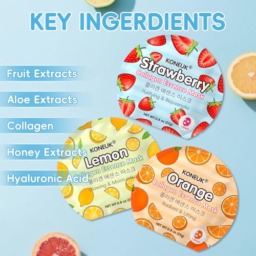 114 Pack Colorful Fruit Face Masks Skincare, Sheet Facial Mask for Dry Skin, Moisturizing & Soothing, Bulk Collagen Face Mask for Women, Christmas Stocking Stuffers, Spa Party Gifts(6 Types x 19 Pcs)