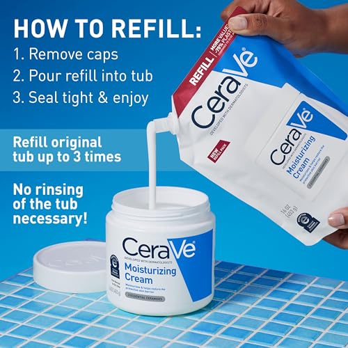 CeraVe Moisturizing Cream, Body and Face Moisturizer for Dry Skin, Body Cream with Hyaluronic Acid and Ceramides, Daily Moisturizer, Oil-Free, Fragrance Free, Non-Comedogenic, 16 Ounce Refill