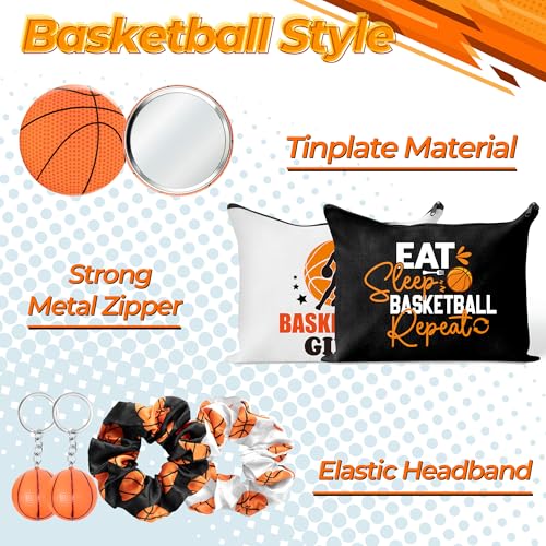 Y1tvei Basketball Party Favors Gifts - 30Pcs Basketball Makeup Bags Include Compact Mirrors Scrunchies Keychain, Stylish Cosmetic Pouch Team Sports Accessory Gift for Women Birthday Basketballs Party