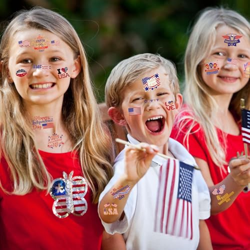 120Pcs 4th of July Tattoos - 15Sheet Fourth of July Tattoos Temporary for Kids,USA American Flag Patriotic Tattoo,Red White and Blue Independence/Memorial/Labor Day Decorations Accessories