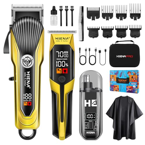 HIENA PRO Hair Clipper Set for Men, Professional Cordless Clipper Kit & Trimmer Set, Ear and Nose Hair Clipper with LED Display, USB Rechargeable Hair Cutting Grooming Kit, Gifts for Men