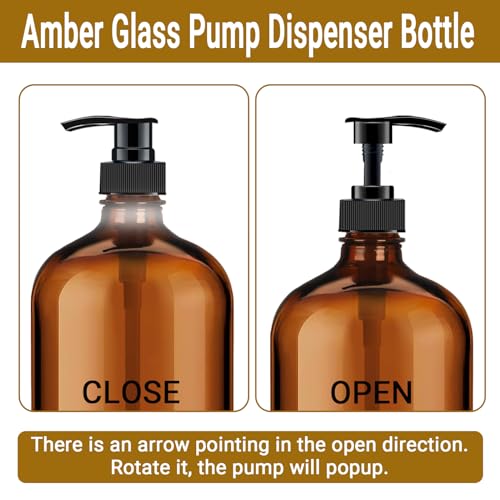 4 Pack 32 oz Amber Glass Pump Bottles, Glass Dispenser Bottles with Pump, Boston Round Bottles with Pumps for Shampoo and Conditioner, Body Shower, Lotion, Soap, Massage Oils