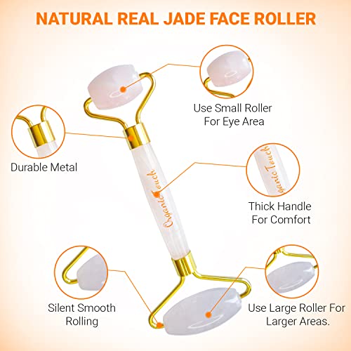 Face Roller & Gua- Sha Natural Rose Quartz Cold Facial Set For Puffy eyes | By Organic Touch Beauty | Boost Blood Circulation | Minimizes Wrinkles Pores and Fine Lines | Lymphatic Drainage