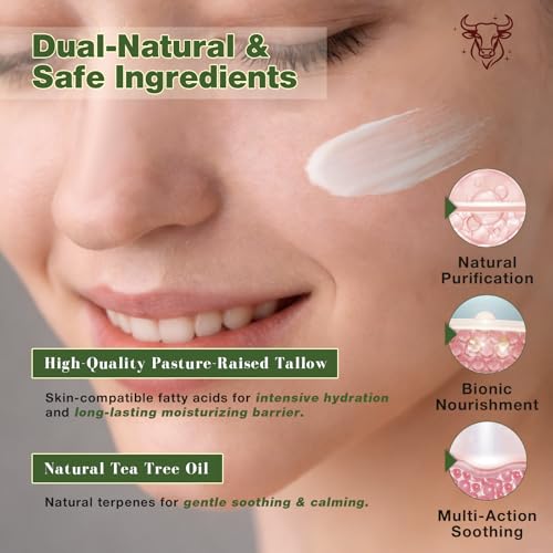 100% Grass Fed Beef Tallow & Tea Tree Oil Skin Care Balm ? Organic Jojoba Oil, Calendula Extract, Vitamin E | Balancing Anti-Acne Deep Moisturizer for Sensitive Skin Face & Body, 100g/3.5oz