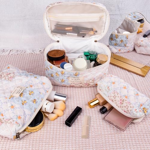Makeup Bag Set, Quilted Makeup Bag, Large Floral Cosmetic Bag for Women, Cute Cotton Makeup Bags, Flower Travel Toiletry Organizer Bag (Folk Style)