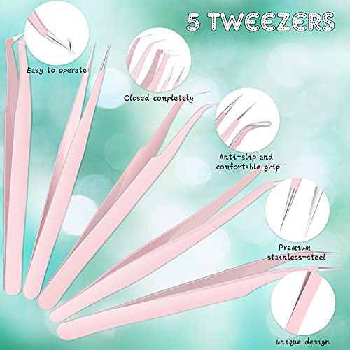 Chumia 5 Pcs Lash Tweezers for Eyelash Extensions High Precision Volume Pink Eyelash Tweezers Stainless Steel Curved Pointed Lash Tool with Box for Women Makeup Beauty Accessories Beginners