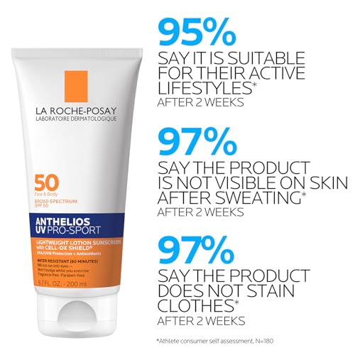 La Roche-Posay Anthelios UV Pro-Sport SPF 50 Sunscreen for Face & Body, Water & Sweat Resistant with Non-Drip Formula, Invisible Broad Spectrum Sunscreen Lotion, Lightweight & Breathable