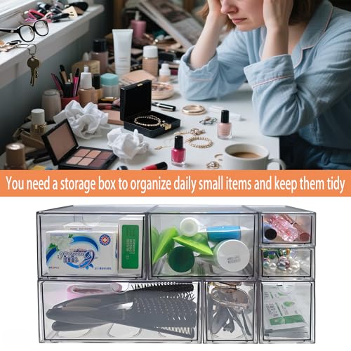 7 Pack Stackable Storage Drawers Acrylic Bathroom Makeup Organizer Clear Plastic Storage Bins for Makeup,Vanity,Pantry,Desk,Undersink,Kitchen