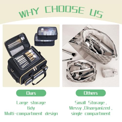 Large Makeup Bag for Women, Travel Toiletry Bag with 2 Removable Pouches, Wide-Open Design for Toiletries, Cosmetics, Brushes & Beauty Tools (Black)
