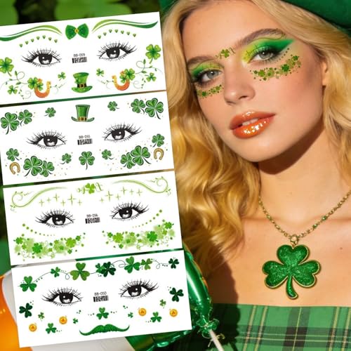 St. Patrick's Day Face Sticker- 6 Sheets Shamrock Eye Body Stickers for Kids & Adults | Green Clover Irish Temporary Tattoo Sticker for St. Patrick's Day Parade, Party Makeup Festival Supplies
