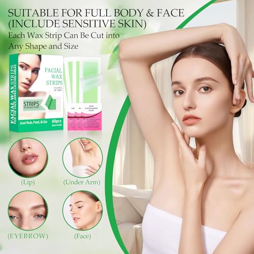 Facial Wax Strips for Hair Removal, Wax Strips for Face, 60PCS Hair Removal Waxing + 3 Calming Oil Wipe, Upper Lip, Chin, Eyebrow, Armpit, Bikini Line, Face Waxing Kit for Women, Long-Lasting Results