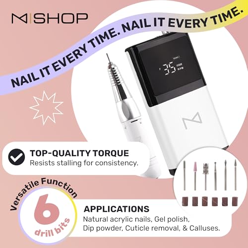 M - E-ZDrill Rechargeable Electric Nail Drill, 35k RPM, Smart Speed & Battery LCD, Portable Lightweight, Forward/Reverse, Aluminum Metal, Acetone Resistant Nail Drill (White)