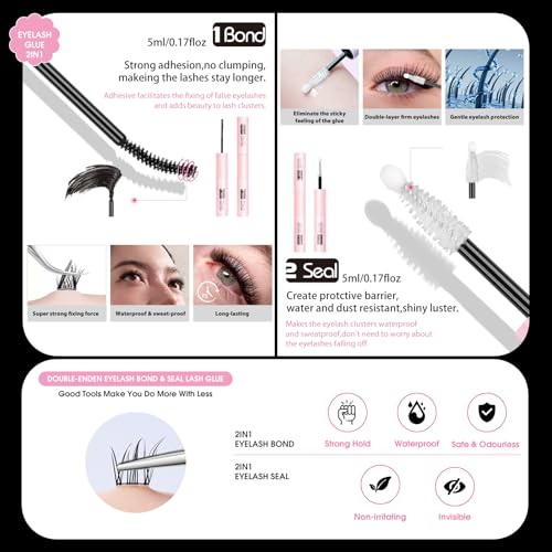 Cat Eye Lash Clusters Kit, 32 Pairs DIY Wispy Cat Eyelashes Extensions Kit, 8-16MM Clusters Lashes Natural Fluffy Lash Book with Lash Glue (Bond & Seal), Lash Remover, Lash Tweezer