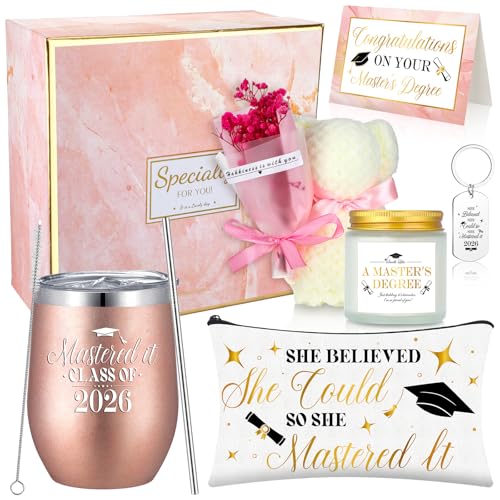 8 Pcs Graduation Gift Set for Women, Including Tumbler, Makeup Bag, Soy Candle, Keychain, Bear Towel, Greeting Card and Gift Box, Graduation Presents for Her (Class of 2026)