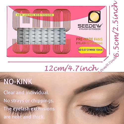 Premade Fans 6D Eyelash Extensions, Pointed Thin Base 8-15mm Mixed Length Professional Volume 6D Lashes for Beauty Salon, Lash Artist Beginner/Tech(6D-0.07-D-Matte Black-120Fans)