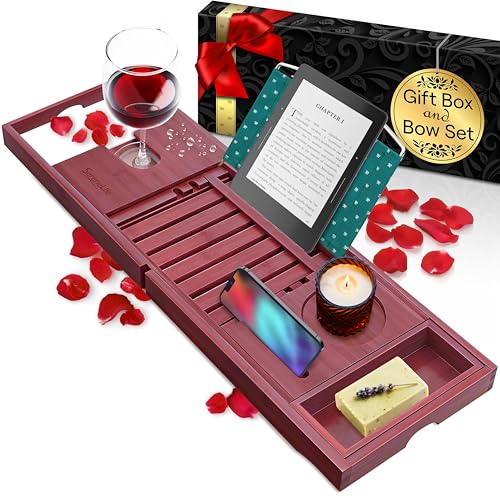 SereneLife Premium Bathtub Tray Caddy with Gift Box and Bow Set, Expandable Bath Tray, Unique House Warming Gifts for Mom, Women, Wedding, Anniversary, Bridal Shower, Fit for All Tub - Stain Brown
