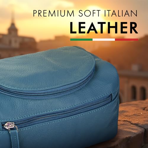 ELIZO Premium REAL Leather Toiletry Bag for Men Dopp Kitt Hanging Mens Toiletry Large TSA Toiletries Bag Shaving Grooming Bag Organizer (Blue, Large)