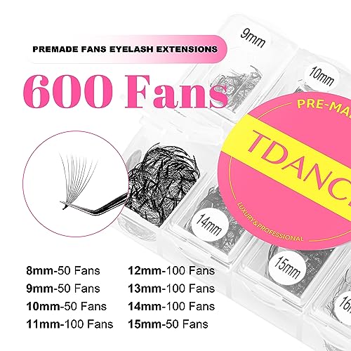 TDANCE 600 Fans Premade Fans Eyelash Extensions Natural & Volume Mixed Length Premade Lash Fans 5D-24D Handmade Promades Eyelash Fans C/D Curl Loose Fans(600-12D-0.03-C-8-15mm)