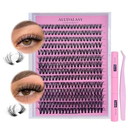 Fluffy Lashes Clusters Kit 280PCS Wispy Lashes Clusters 8-16mm D Curl Natural Look Cluster Eyelash Extensions with Waterproof Lash Bond, Seal, Tweezer for At-Home Use