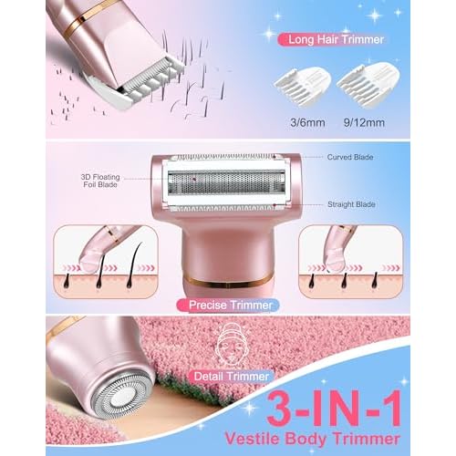 Bikini Trimmer for Women, 3-in-1 Electric Razors for Women with Ceramic Blades & IPX7 Waterproof Design - Rechargeable Cordless Electric Shaver for Lady for Legs, Underarms, Face & Bikini Line