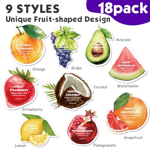 18 Pack Fruit Shaped Face Masks Skincare, Collagen Hydrating and Moisturizing Sheet Face Mask Skin Care, Bulk Valentines Day Gifts, Spa Party Gifts, Teacher Gifts and Mothers Day Gifts for Mom