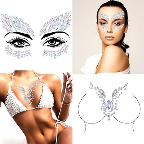 Rhinestone Face Jewels Rave Festival Gem Mermaid Chest Gem Crystal Eyes Stickers for Women and Girls 2PCS